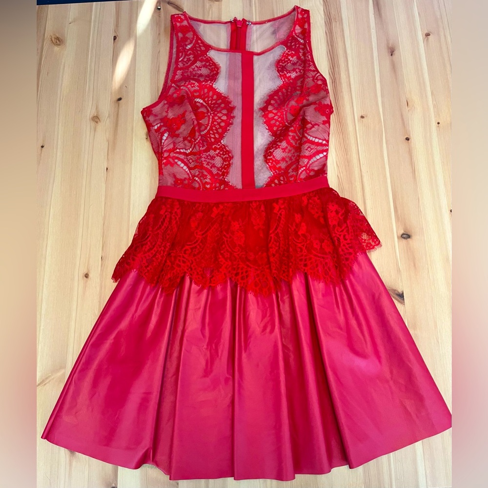 BCBGmaxazria Layton Size 2, Peplum, Mini Faux Leather Lace Dress